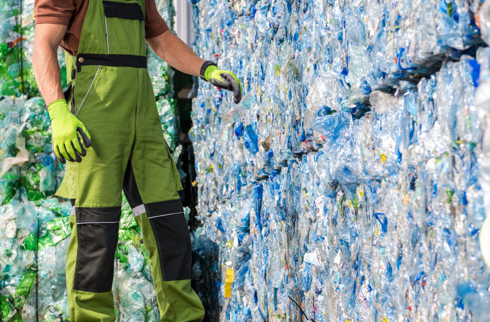 Worker with bales of recycled plastic.